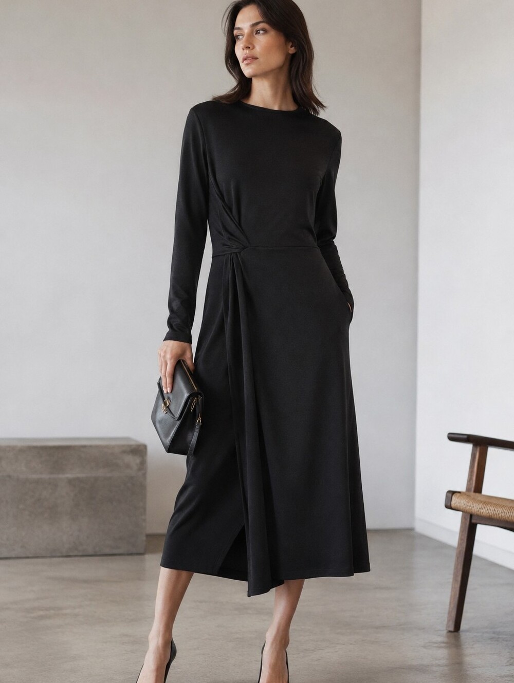 Vince Side Twist Knit Midi Dress Black Long Sleeve Business Office NWT L